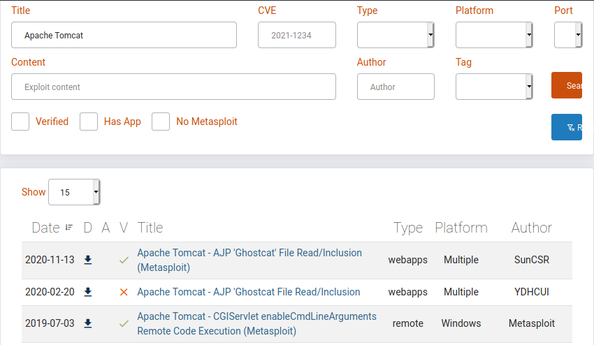 exploit-db results for Tomcat